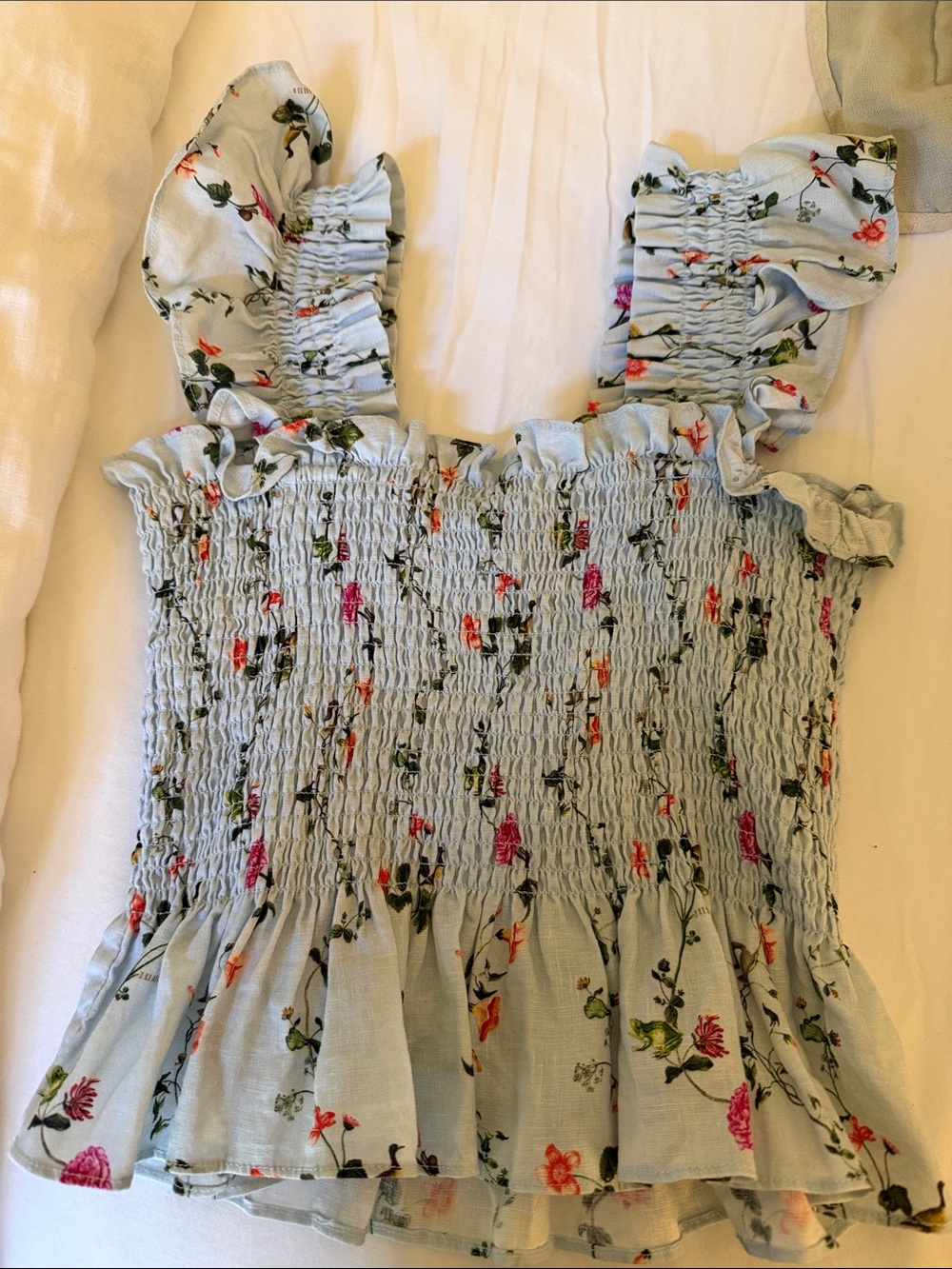Hill House Light Blue Floral Smocked Ruffle Tank